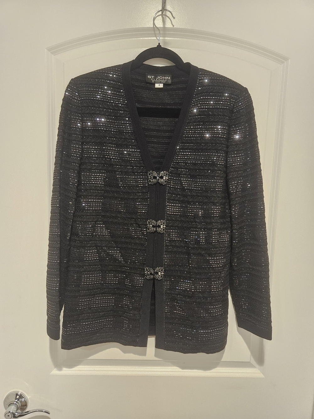St. John Black Sequin Knit Cardigan with Jeweled Clasps